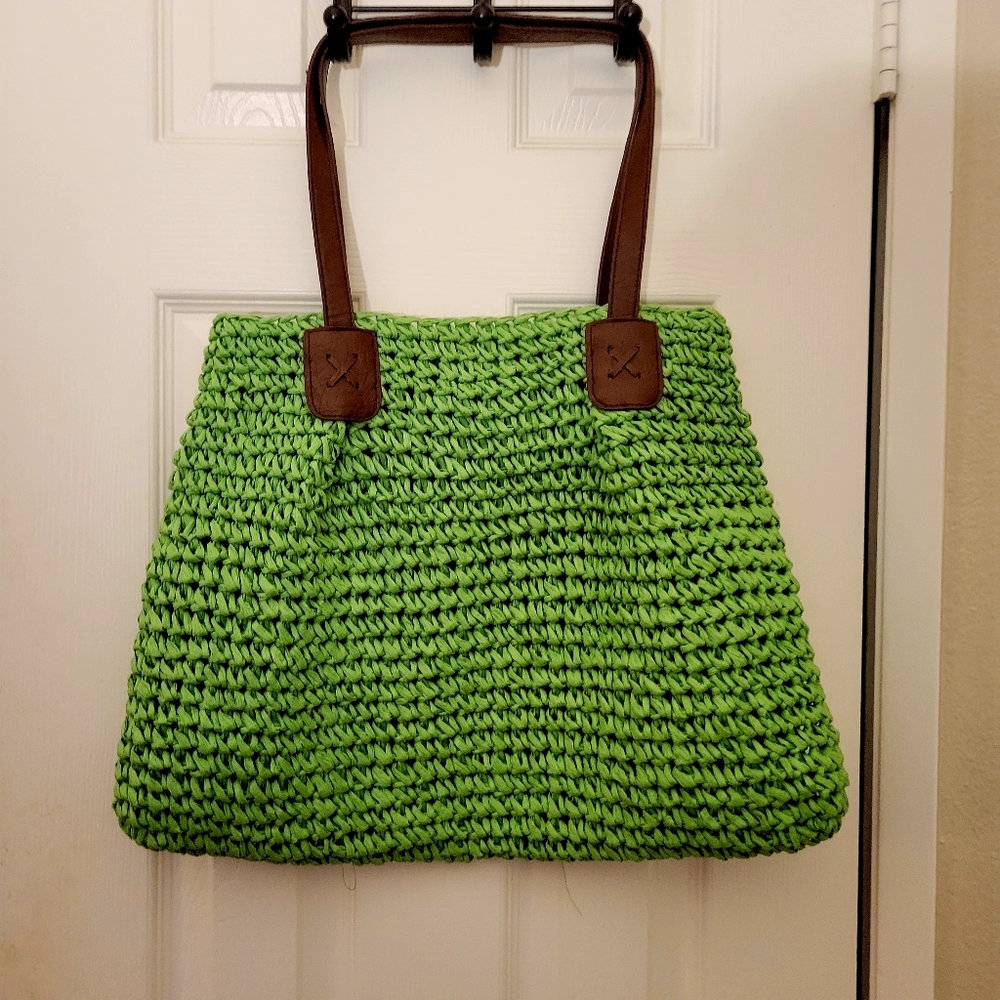Green banana leaf lined tote bag